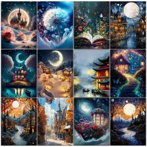 PhotoCustom Moderne Malen nach Zahlen Dark River Castle Malen nach Zahlen Kunstwerk Diy Set für Erwachsene Wohnzimmer Dekore Neu