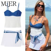 MUJER Print Shorts Sets für Frauen 2-teiliges rückenfreies Crop Top Frau Hohe Taille Mini Shorts Lady Sets Knoten Bermuda Shorts Frau