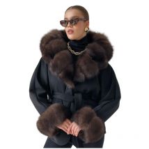 Street Women's Lace Up Fur Collar Coat Loose Solid Long Sleeve Pockets Jacket 2025 Autumn Winter Lady Warm Luxury Furry Outwear