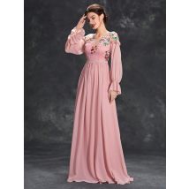 Mgiacy Rundhalsausschnitt, farbig bestickt, halbdurchsichtiges Chiffon-Langarmkleid, Ballkleid, Partykleid, Brautjungfernkleid