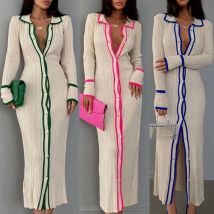 N5KB Damen Winter Langarmes gegen Nackenknopf Strickkörperpullover Maxi Kleid