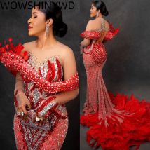 Customized 2025 Red Mermaid Prom Dresses Rhinestones Feather Sequined Evening Formal Party Birthday Gowns Dresses ZJ156