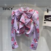 High Street Fashion Blusen Top frauen Herbst Neue Französisch Prominente Bogen Kragen Blume Drucken Blase Hülse Hemd Tops Blusa