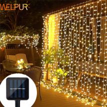 Cortina de luz LED Solar impermeable para exteriores, guirnalda de luces de hadas para decoración de patio, Navidad, 300LED