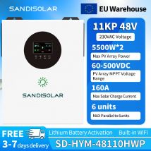 SANDISOLAR 11KW 48V Hybrid-Solarwechselrichter 6 Einheiten Parallel 160A MPPT 500VDC Dual-Ausgang Reine Sinuswelle Off-Grid WiFi-Controller