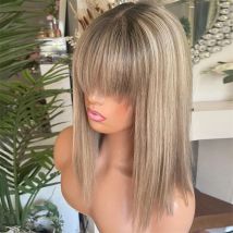 Human Hair Wig Dark Ash Blonde Ombre Colored Lace Front Wig with Bangs Glueless Straight Bob Woman Wig 100% Virgin Chinese Hair