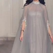 Frühling/Sommer lässig halbhoher Hals schlankes Abendkleid Französisch Luxus Chiffon Pailletten lange Robe solide lange Ärmel Kleid für Frauen