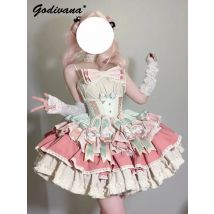 Französisches süßes Lolita-Prinzessin-Puffy-Kuchenkleid, neue Satinschleife, schlankes, trägerloses, kurzes Mini-Geburtstagsparty-Kleid