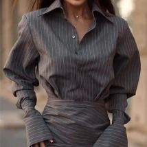 BKLD Dunkelgrau Mode Sexy Büro Dame Streifen Drucken Einreiher Langarm Revers Hemd + Mini Dünne Röcke Casual streetwear