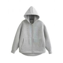 HH Autunno Donna Giacca grigia con cappuccio Manica lunga Tasca grande Giacca con cerniera Cappotto Donna Allentato Capispalla casual Cappotto Top