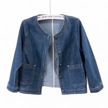 Vintage Blau O Hals Hülse Mit Drei Vierteln Denim Jacke Frauen Dünne Kurze Cowboy Outwear Sommer Dünne Große Tasche Jeans Jacke Weibliche
