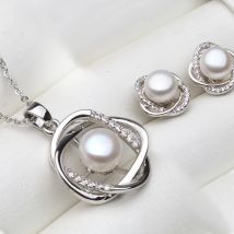 Echte Halskette-Ohrring-Sets aus 925er-Sterlingsilber für Damen, klassische Hochzeit, natürliche Perlen-Anhänger-Sets, Weiß, Schwarz, Grau, Geschenk