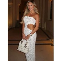 Blifanbo Backless Sexy Off-shoulder Maxi Dress Women Lace Sleeveless Strapless Hollow Out Skinny Club Party Long Dress Elegant