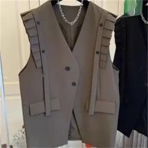 Gilet Primaverile 2026 per Donna, Scollo a V Senza Maniche, Oversize, con Patchwork e Volant, Casual, Stile Coreano
