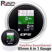 6-in-1 multifunktionaler 85-mm-GPS-Tachometer + Kraftstoffstand + Wassertemperatur + Ölpresse + Volt + Drehzahlmesser, Temperatursensor, Drucksensoren