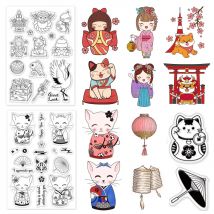 Japanische Kimono-Puppen und transparente Koi-Stempel, Spiegelkuchen, Kirschblüten, Silikonstempel, orientalischer Stil für Scrapbook-Tageskarten