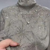 Luxus Stil Diamanten Heißer Bohren Rollkragen Slim Fit Grau Pullover für Frauen Herbst/Winter Strickwaren Bodenbildung Pullover Femme