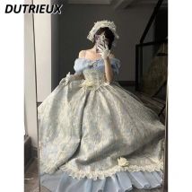 Blaues Prinzessinnenkleid, Lolita, schwere Industrie, kurzärmelig, quadratischer Ausschnitt, hohe Taille, süße Mädchen-Schleife, schmal geschnittene lange Kleider