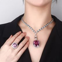 Exquisite verstellbare Ring-Anhänger-Halskette, blau, rosa, hoher Kohlenstoffgehalt, Bohrer-Kissenschliff, Schmuck im eleganten Stil für Frauen, Party-Geschenk