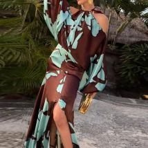 Böhmisches Kleid mit Vintage-Muster, bedruckt, Taille, sexy, aushöhlen, Schulter, Swing, langes Kleid, Herbst, Vintage, langärmelig, Urlaubskleid