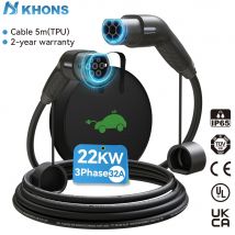 Khons Cavo di ricarica EV Cavo caricabatterie da Type2 a Type2 22kw 32A Caricatore EV Spina femmina a spina maschio Cavo di ricarica EVSE 5M TPU