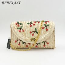 Weizen Stroh Gewebt Frauen Schulter Tasche Böhmischen Sommer Strand Taschen Kirsche Banane Weibliche Messenger Kupplung Kette Klappe Umhängetasche