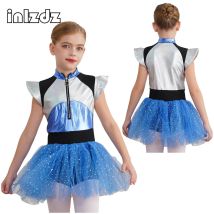 Girls Alien Robot Astronaut Ballet Dance Dress Bright Mesh Tulle Tutu Leotard Dress Gymastics Figure Skating Performance Costume
