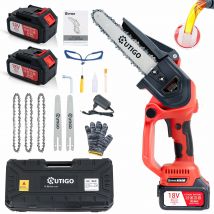 OUTIGO Motosierra Bateria, Mini Motosierra 6000mAh, 6'' Motosierra Eléctrica 2 Batería, Motosierra 3 Cadenas + 1 Barras de guía de cadena, MINI Motosierra eléctrica inalámbrica (8 Pulgadas)