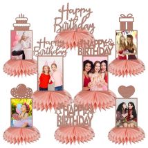 8 Stück roségoldene Geburtstagsdekorationen, Waben-Mittelstücke, glitzernde rosa Rose, goldene Foto-Tischaufsätze, Party-Geburtstagsgeschenke