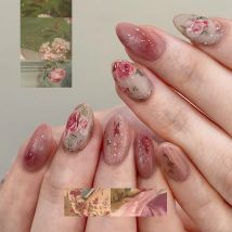 24pcs Almond Rose Simi Fake Nails Press On Nails with Gentle Flower Designs Wearable Gradient Temperament False Nails Long Round