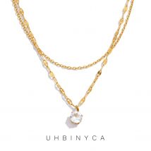 Double Layer Chain Necklace with Zirconia Pendant, Stainless Steel Hypoallergenic Minimalist Jewelry for Women