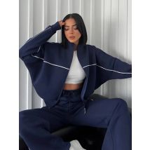 FSMG Casual Oversize Striped Half High Neck Zippers Sports Sets Women's Long Sleeve Sweatshirt Elastic Waist Pants 2 Piece Set