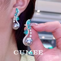 Cumee Modedesigner-Ohrringe mit grauen künstlichen australischen weißen Perlen, für Damen und Mädchen, Geschenk, 925er Silber, Vergoldung