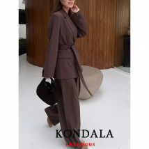 KONDALA Büro Dame Casual Chic Solide Frauen Anzug Single Button Schärpen Lose Blazer Zipper Hosen Mode 2025, Herbst Winter Sets