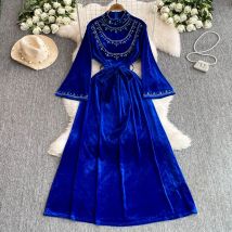 Elegant Long Flare Sleeves Vintage Stand Collar Chic Rhinestone Slim Bandage Dresses Evening High Street Autumn Winter Clothing