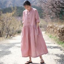 Frauen Baumwolle Leinen Langes Kleid Neue Ankunft 2025, Frühling Chinesischen Stil Vintage Einfarbig Lose Weibliche Casual Kleider M833