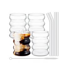 Leeseph 4-teiliges kreatives Glasbecher-Set für Kaffeetasse, Vintage-Trinkgläser, geripptes Glaszeug, ästhetische Tassen mit Strohhalmen