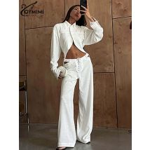 Oymimi Casual White Cotton Hemp Women 2 Piece Set Outfit Long Sleeve Crop Tops And Low Waist Hollow Out Drawstring Trousers Sets