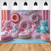 Donut Bear Photography Background Custom Macaron Lollipop Pillow Decor Baby Shower Birthday Portrait Backdrop Photo Studio Props