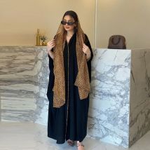 Türkiye muslimische Frauen Kleid Mode elegante schwarze Strickjacke Leopard Mosaik Robe frei Stirnband