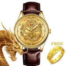 [FREE RING] Men Watch Set Gold Dragon Dial leather Strap Quartz Watch Fashion Cusual Business Watch