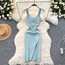 2025 neue Sommer Elastische Hot Sexy Paket Hüften Gestrickte Lange Kleid Frauen Split Bodycon Party Kleid Streetwear Outfits Vestidos