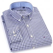 Langärmliges Oxford-Karo-gestreiftes Arbeits-Freizeithemd für Herren mit Tasche, Frühlings-Herbst-Baumwollmischung, reguläre Passform, Button-Down-Hemden