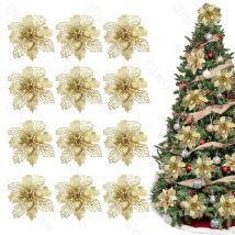 12 Stück Weihnachtsstern-Weihnachtsblumen mit Clips, glitzernde goldene künstliche Weihnachtsblumen für Weihnachtsbaumkränze, Dekorationen