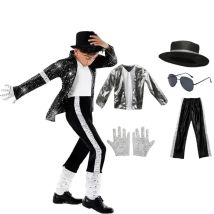 Kinder Junge Michael Jackson Billie Jean Cosplay Schwarzer Anzug Tanz Disco Halloween Fancy Dress Up 80er Pop King Kostüm für Top Hosen