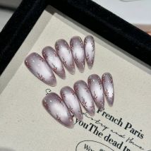 10pcs Handmade Press On Nails Flash Flash Cat's Eye Nude Purple False Nails Blossom Flower Designs Glossy Almond Manicure Art