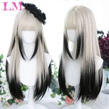 LM Weiße Ombre-schwarze synthetische Perücke für Frauen, lange lockige Wellenperücken mit Pony, Cosplay-Party, hitzebeständiges Haar