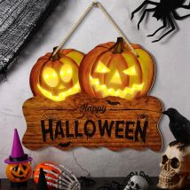 Leuchtendes Halloween-Schild aus Holz mit zwei Kürbisbuchsen – o'-Laternen, festliche Heimdekoration