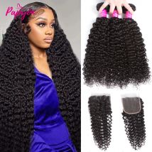 Fasci di capelli ricci crespi brasiliani 12A con chiusura Fasci di capelli umani Fasci di capelli ricci Jerrly con chiusura 4x4 pizzo trasparente