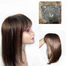 14x14cm Natürliches Echthaar Topper Für Frauen Clip In Overlay Haarteil mit Pony Fransen Haarverlängerungen Abdeckung Graues Haar Remy